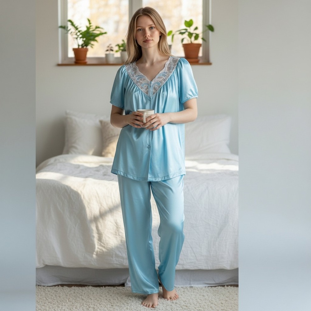 VTG Womens L Vanity Fair Turquoise Blue Lace Trim Pajama Pant Set Old Hollywood